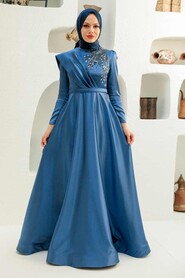  Satin İndigo Blue Modest Islamic Clothing Evening Dress 22441IM - 1