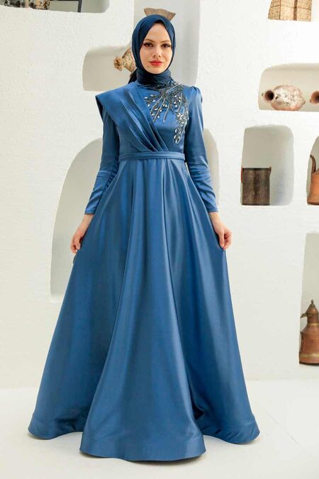  Satin İndigo Blue Modest Islamic Clothing Evening Dress 22441IM - NEVA STYLE