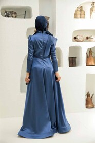  Satin İndigo Blue Modest Islamic Clothing Evening Dress 22441IM - 3