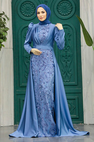  Satin İndigo Blue Muslim Wedding Gown 23082IM - 2