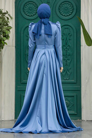  Satin İndigo Blue Muslim Wedding Gown 23082IM - 3