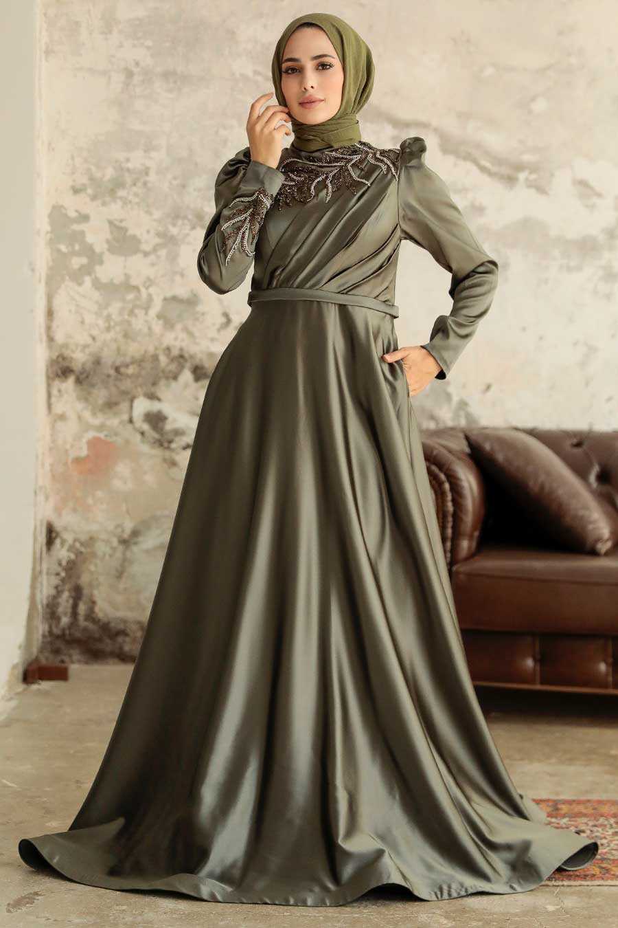 Neva Style - Satin Khaki Hijab Hijab Wedding Gown 22401HK