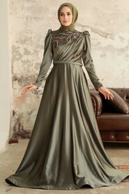 Neva Style - Satin Khaki Hijab Hijab Wedding Gown 22401HK - Thumbnail