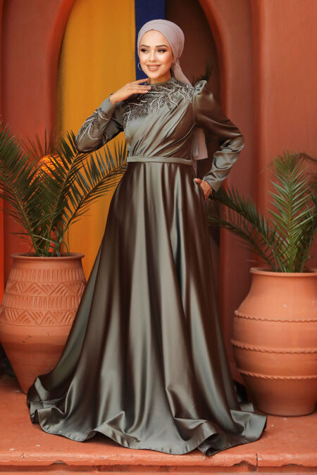  Satin Khaki Hijab Hijab Wedding Gown 22401HK - NEVA STYLE
