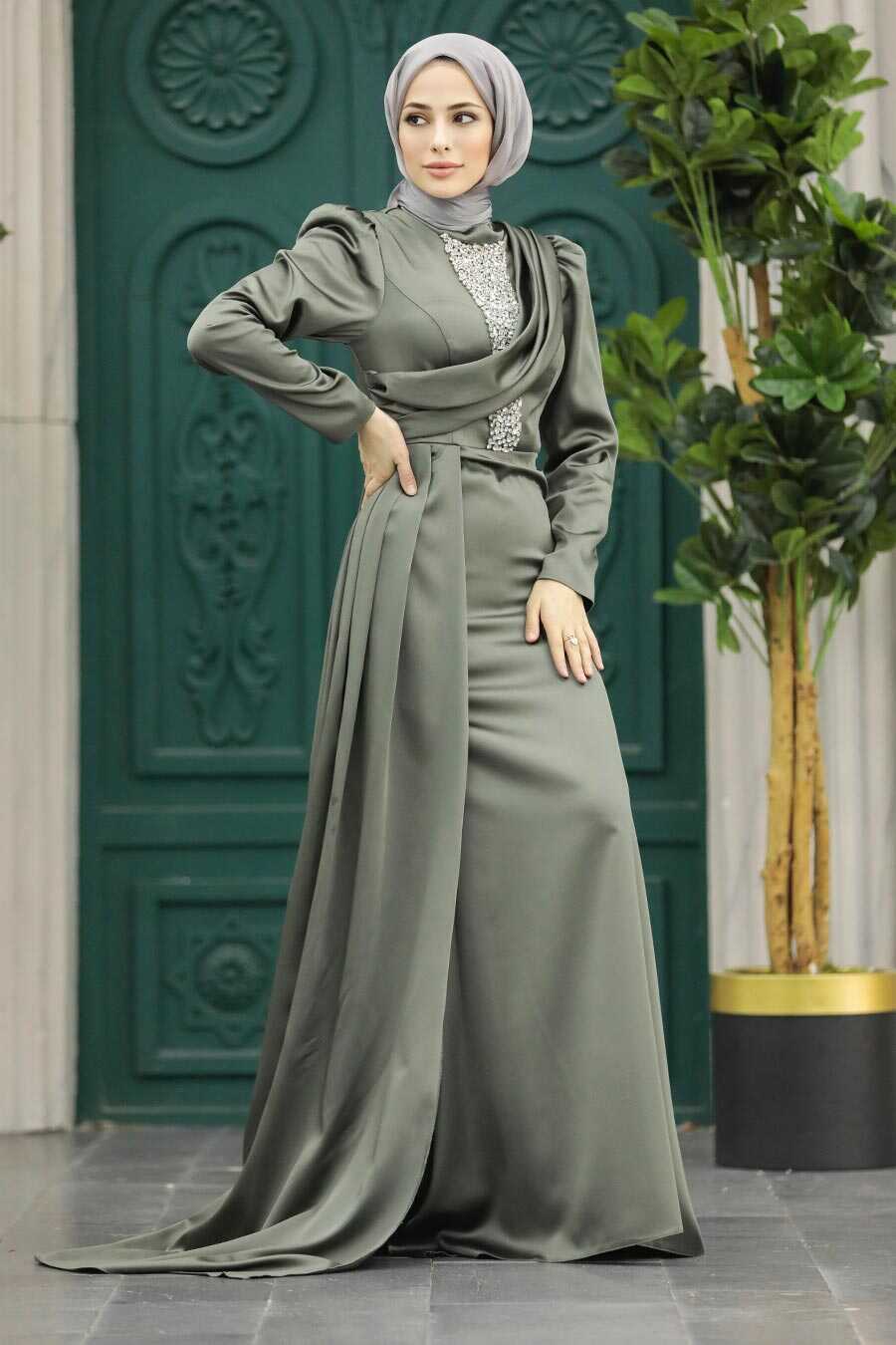 Neva Style - Satin Khaki Hijab Wedding Dress 22891HK