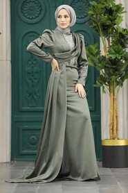 Neva Style - Satin Khaki Hijab Wedding Dress 22891HK - Thumbnail