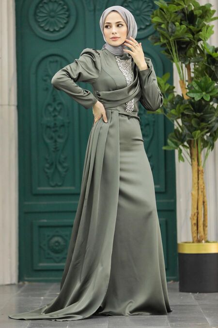  Satin Khaki Hijab Wedding Dress 22891HK - NEVA STYLE