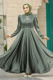 Neva Style - Satin Khaki Islamic Evening Dress 23191HK - Thumbnail