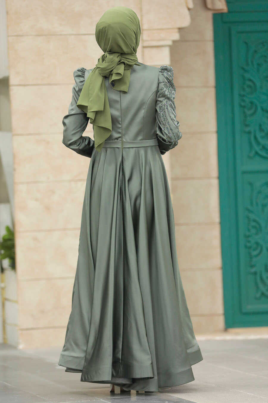 Neva Style - Satin Khaki Islamic Evening Dress 23191HK