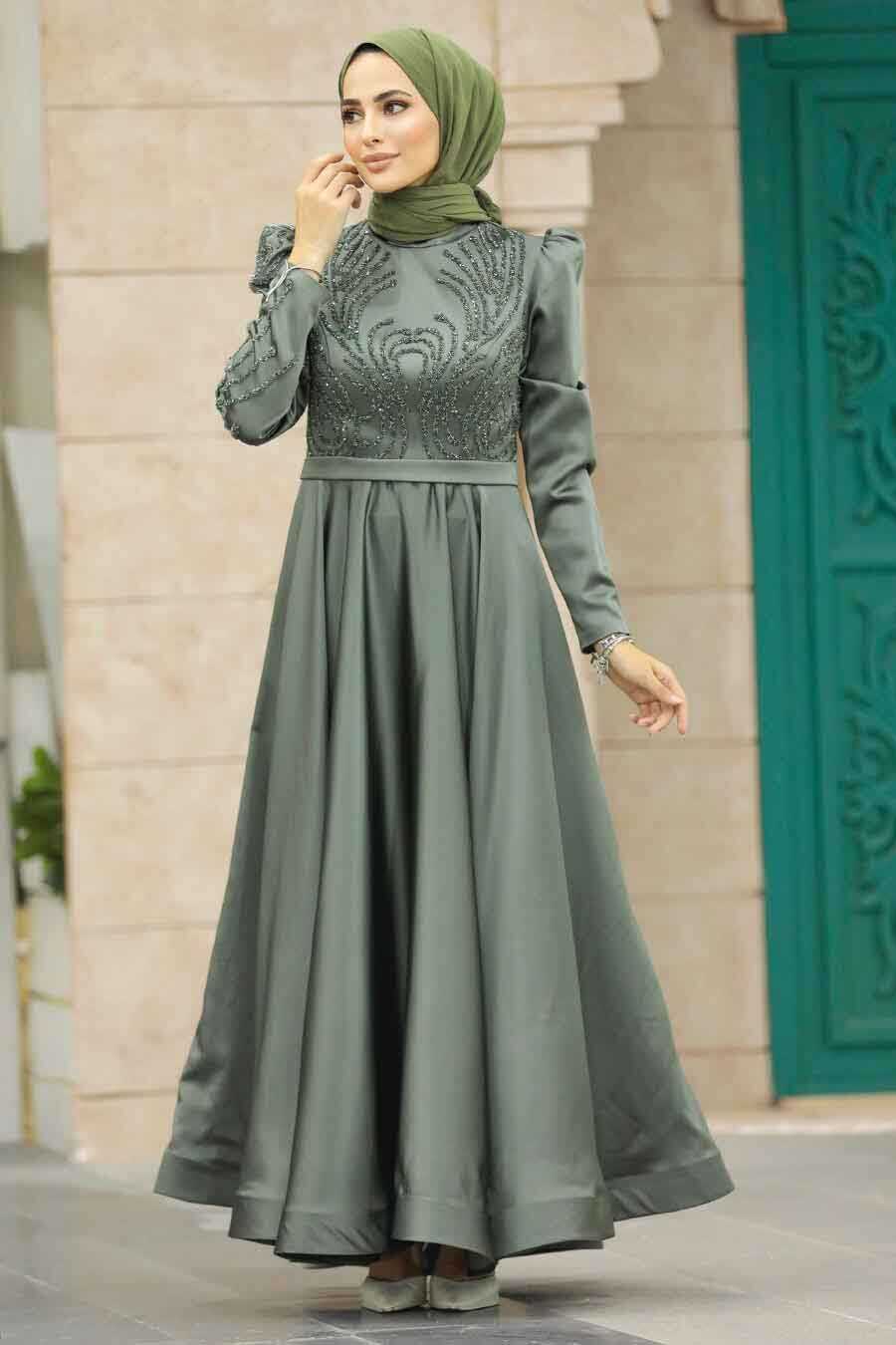 Neva Style - Satin Khaki Islamic Evening Dress 23191HK
