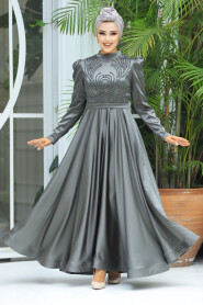  Satin Khaki Islamic Evening Dress 23191HK - 3