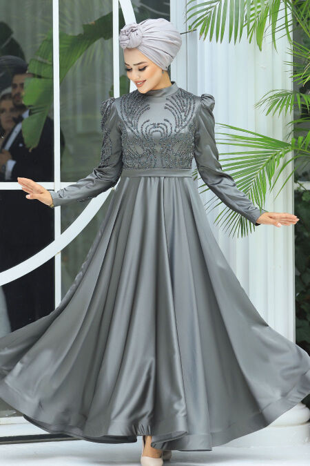  Satin Khaki Islamic Evening Dress 23191HK - NEVA STYLE