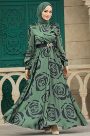  Satin Khaki Islamic Evening Dress 39232HK - 1