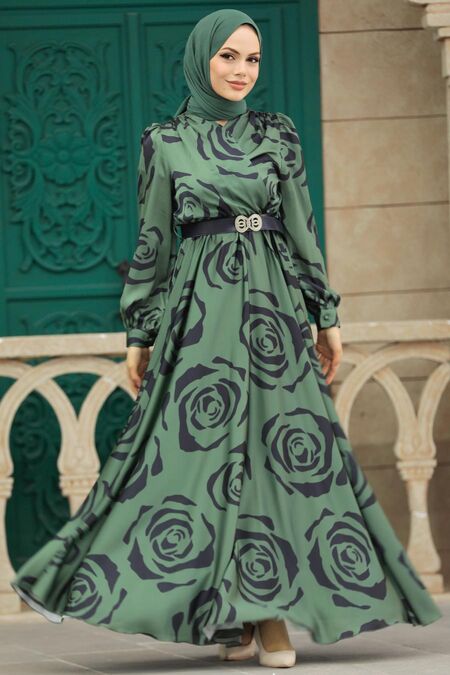  Satin Khaki Islamic Evening Dress 39232HK - NEVA STYLE