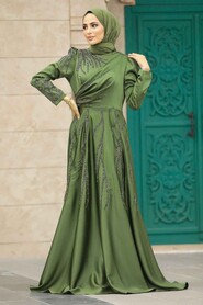  Satin Khaki Islamic Long Sleeve Dress 3984HK - 2