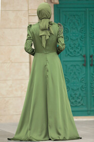  Satin Khaki Islamic Long Sleeve Dress 3984HK - 3