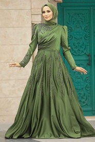 Satin Khaki Islamic Long Sleeve Dress 3984HK - 1