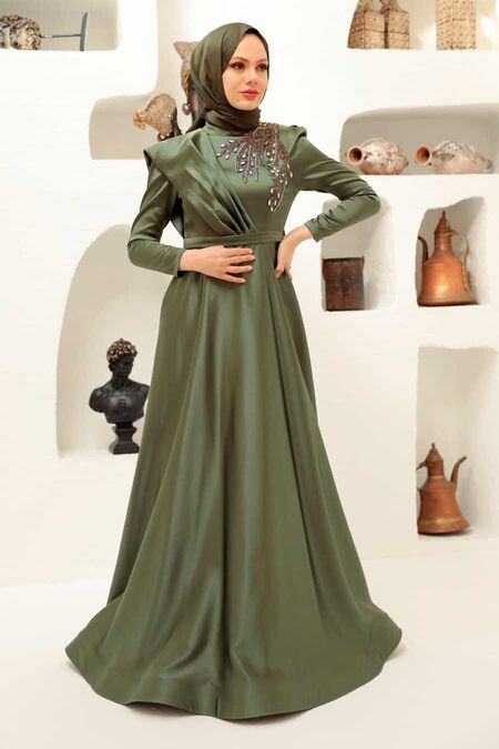  Satin Khaki Modest Islamic Clothing Evening Dress 22441HK - NEVA STYLE