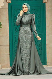  Satin Khaki Muslim Wedding Gown 23082HK - 1