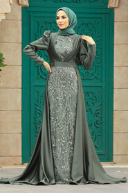  Satin Khaki Muslim Wedding Gown 23082HK - 2