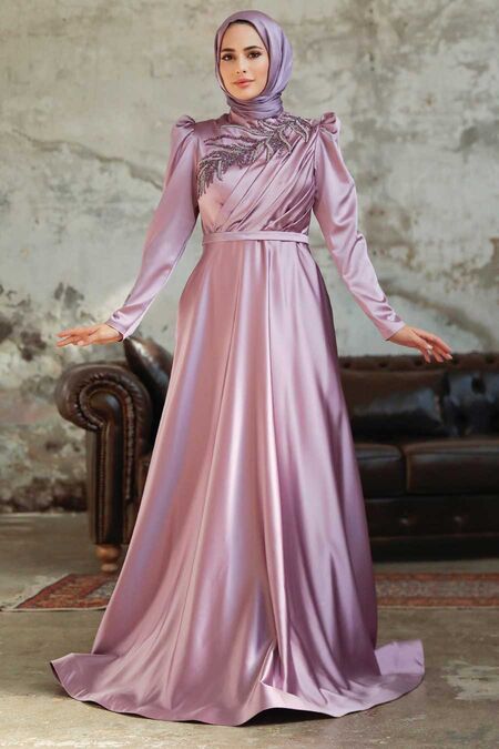  Satin Lila Hijab Hijab Wedding Gown 22401LILA - NEVA STYLE