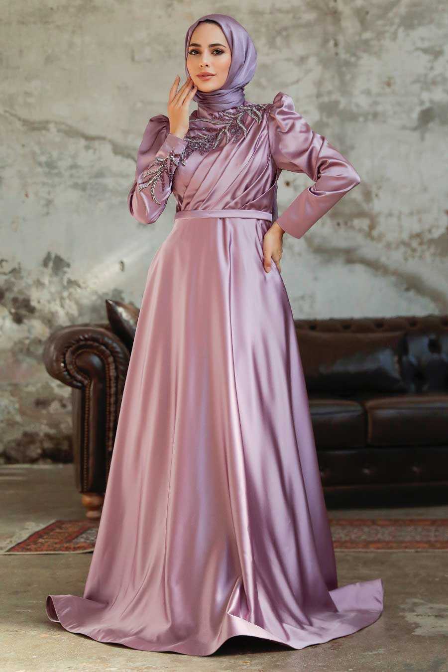 Neva Style - Satin Lila Hijab Hijab Wedding Gown 22401LILA