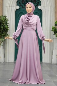  Satin Lila Islamic Long Sleeve Maxi Dress 38031LILA - 1