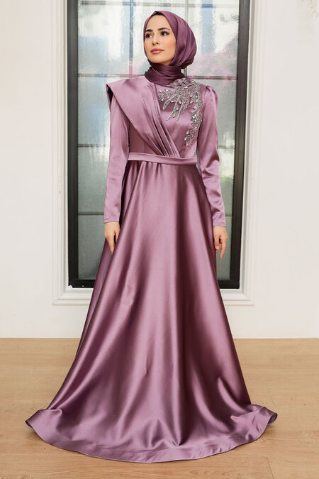  Satin Lila Modest Islamic Clothing Evening Dress 22441LILA - NEVA STYLE