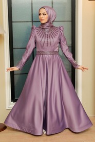  Satin Lila Modest Islamic Clothing Wedding Dress 22840LILA - 1