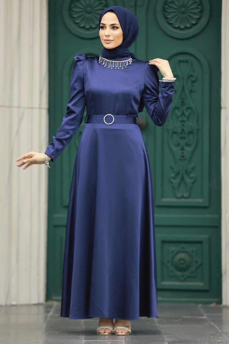 Neva Style - Satin Navy Blue High Quality Dress 7725L