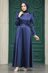 Neva Style - Satin Navy Blue High Quality Dress 7725L - Thumbnail