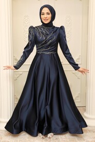  Satin Navy Blue Hijab Prom Dress 2239L - 1