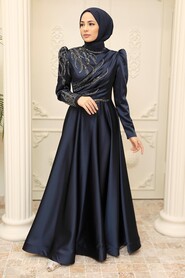  Satin Navy Blue Hijab Prom Dress 2239L - 2