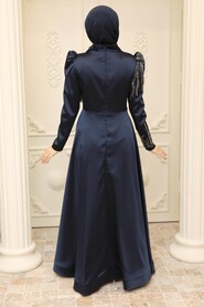  Satin Navy Blue Hijab Prom Dress 2239L - 3