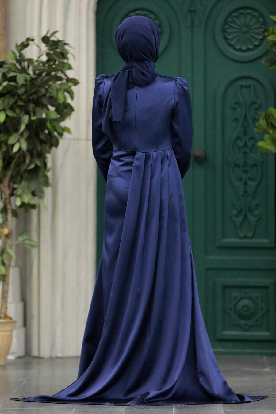 Neva Style - Satin Navy Blue Hijab Wedding Dress 22891L