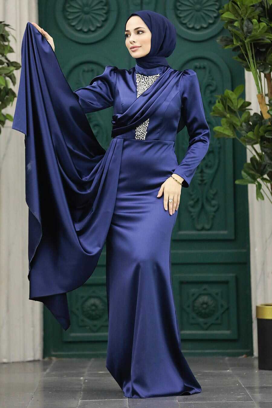 Neva Style - Satin Navy Blue Hijab Wedding Dress 22891L