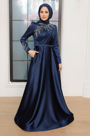  Satin Navy Blue Hijab Wedding Gown 22401L - 6