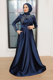 Satin Navy Blue Hijab Wedding Gown 22401L - 5