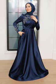  Satin Navy Blue Hijab Wedding Gown 22401L - 4