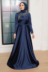  Satin Navy Blue Hijab Wedding Gown 22401L - 3