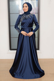  Satin Navy Blue Hijab Wedding Gown 22401L - 2