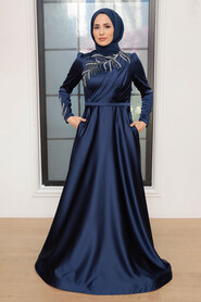  Satin Navy Blue Hijab Wedding Gown 22401L - 1