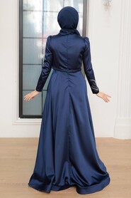  Satin Navy Blue Hijab Wedding Gown 22401L - 8