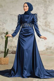  Satin Navy Blue Islamic Clothing Wedding Dress 2282L - 1