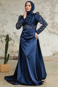  Satin Navy Blue Islamic Clothing Wedding Dress 2282L - 3