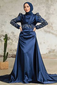  Satin Navy Blue Islamic Clothing Wedding Dress 2282L - 2