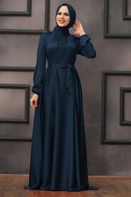  Satin Navy Blue Islamic Engagement Dress 25131L - NEVA STYLE
