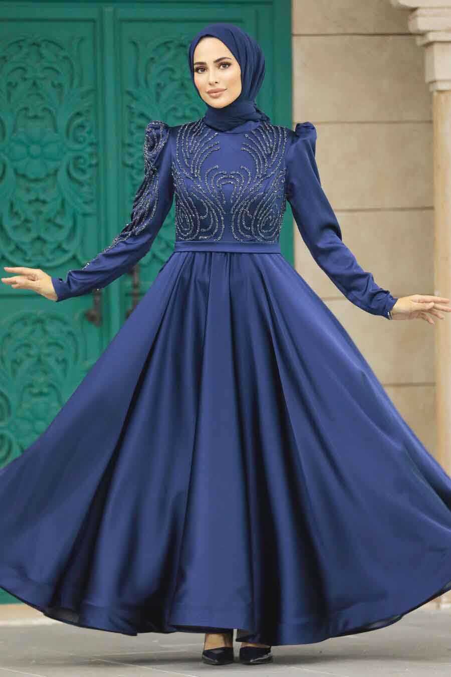 Neva Style - Satin Navy Blue Islamic Evening Dress 23191L