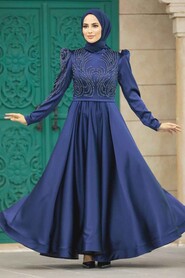 Neva Style - Satin Navy Blue Islamic Evening Dress 23191L - Thumbnail