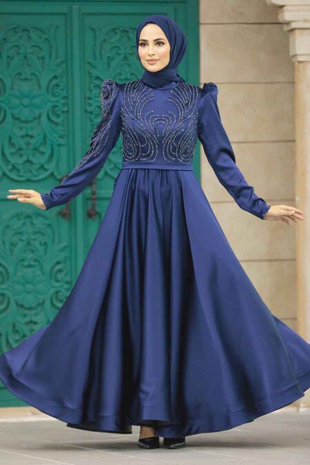 Neva Style - Satin Navy Blue Islamic Evening Dress 23191L - Neva-style.com